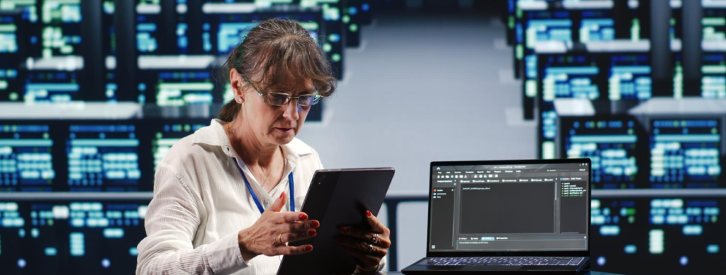 Una persona trabaja con una tableta en un data center